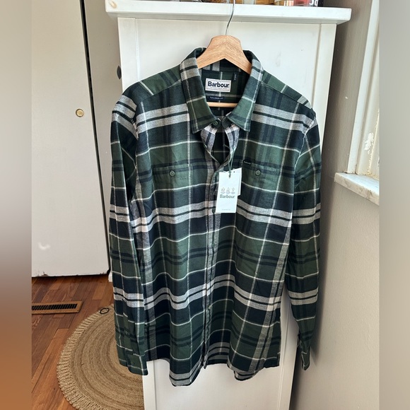 NWT Barbour Rifle Green Cotton Blend Plaid Button Down Shirt XL